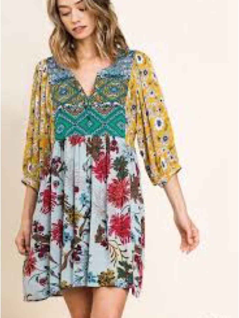 Umgee Boho Floral Patchwork Mini Dress in Yellow & Sky Blue